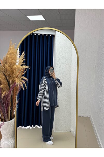 MİHRA STORE Σετ Vesista με ρίγες στο πλάι και φερμουάρ-BY70081 Ναυτικό μπλε