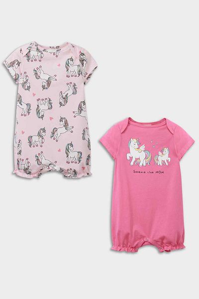 DeFacto Baby Mädchen Neugeborenes Einhorn bedruckt gekämmt 2 Stück Kurzarm Overall E4025a525hs