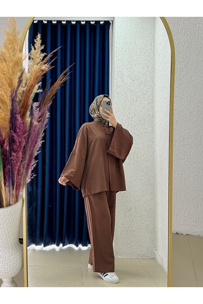 MİHRA STORE Velilia Front Linen Set with Lacing and Button Detail-Ek506 Brown