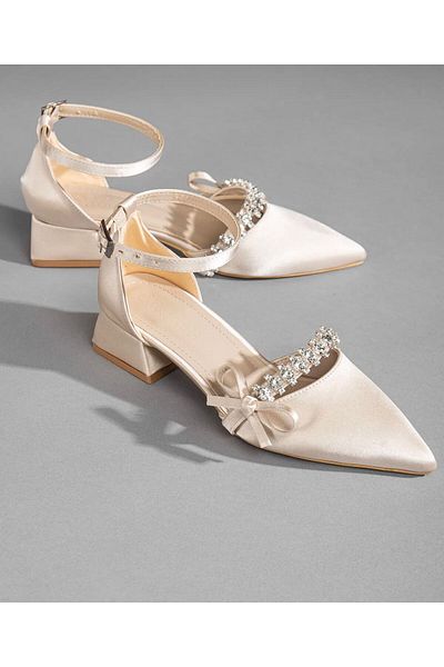 NASSAN Stone Bow Low Heel Satin Shoes