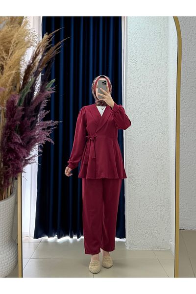 MİHRA STORE Sormora Belt Detailed Jacket and Trousers Suit-As471 Claret Red