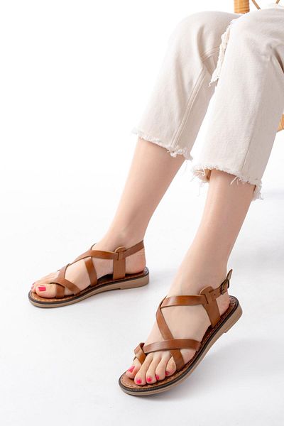 Aymood 205-08 Tan Orthopedic Genuine Leather Women's Sandals