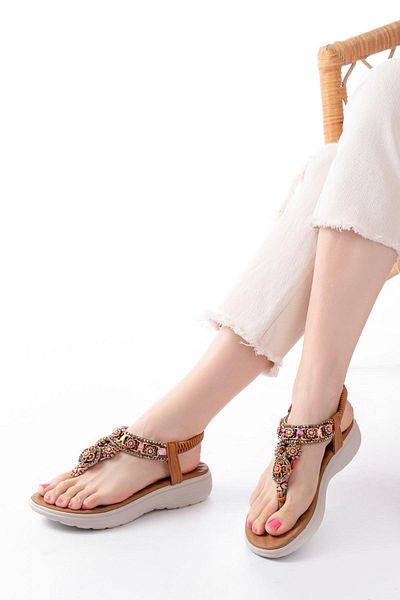 Aymood Dm-609 Tan Stone Back Elastic Flip Flops Women's Sandals