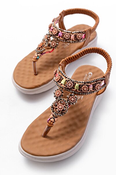 Aymood Γυναικεία σανδάλια DM-609 Tan Stone Back Elastic Flip Flops