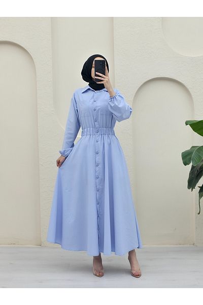 Modamorfo Full Button Double Pocket Sleeve Elasticated Poplin Dress - Baby Blue