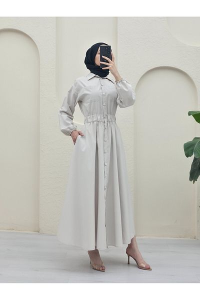 Modamorfo Full Button Double Pocket Sleeve Elasticated Poplin Dress - Cream