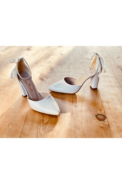 İlkinin Pabuçları Pearl White Bridal Shoes, 9cm Thick Heels with Tiny Pearls Evening Dress, Graduation Shoes