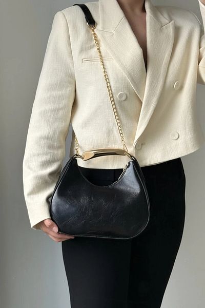 LEONAS Metal Detail Handle Oval Women's Hand and Shoulder Bag Rosy Black
