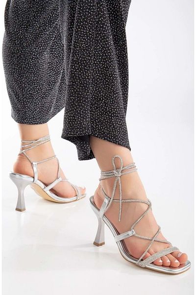 KOCAMANLAR Feles Ankle Strap Stone Detailed Heeled Women's Evening Dress Shoes Silver
