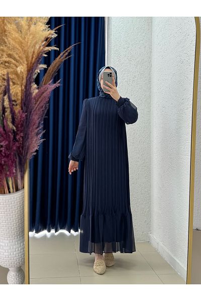 MİHRA STORE Seresia Balloon Sleeve Pleated Chiffon Dress-Pa9390 Navy Blue