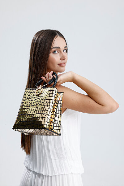 Evident Altın Kroko Baskılı Halka Kulplu El Ve Omuz Kadın Çantası