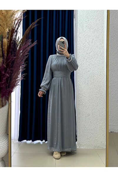 MİHRA STORE Βραδινό φόρεμα Serola με πέταλα στα χέρια και στο λαιμό με πέρλες Janjan-pa9659 Γκρι