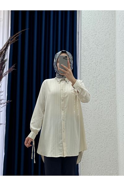 MİHRA STORE Sanoria Sleeve Lace Collar Stone Striped Linda Tunic-El1907 Stone