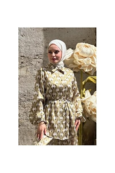 Nihle Ni̇hle 1130-05-25 Button Front Waist Tie Shirt Loose Leg Pants Silk Satin Suit 1-2-3 Size