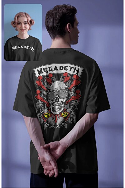 Fuddy Moda Tricou unisex cu capul de schelet Megadeth imprimat pe spate, tricou oversize cu tematică rock band