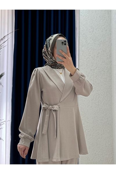 MİHRA STORE Sormora Belt Detailed Jacket and Trousers Suit-As471 Mink