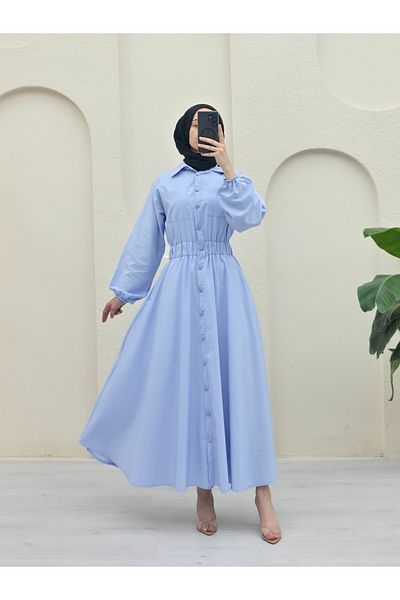 Modamorfo Full Button Double Pocket Sleeve Elasticated Poplin Dress - Baby Blue
