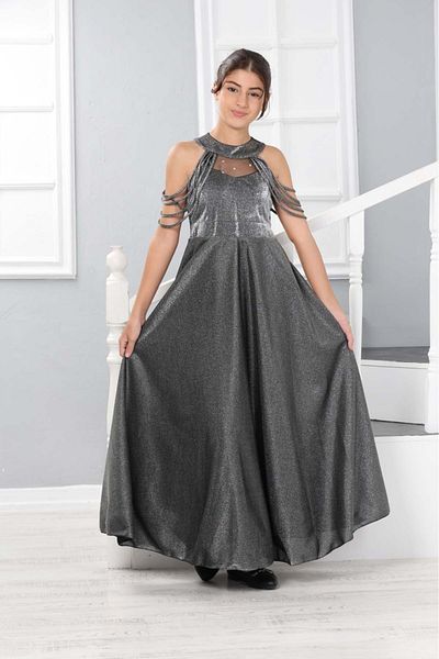 fmnbutik Girl's Tulle Star Embroidery Low Strap Detail Silvery Long Special Occasion Stylish Evening Dress