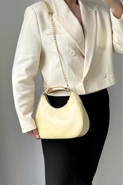 LEONAS Metal Detail Handle Oval Women's Hand and Shoulder Bag Rosy Yellow