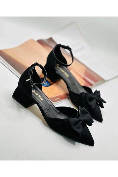 NASSAN Women's Bow Evening Dress Black Satin Heeled Shoes