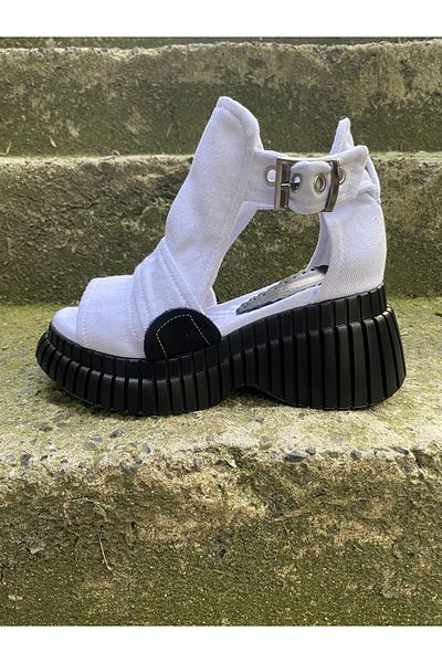 Butik Jeanolog White Denim Sandals Orthopedic High Wedge Heel