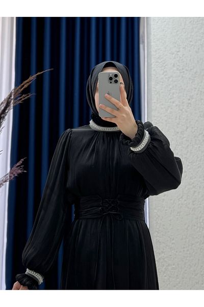 MİHRA STORE Serola Janjan Evening Dress with Pearls on the Sleeves and Neck-Pa9659 Black