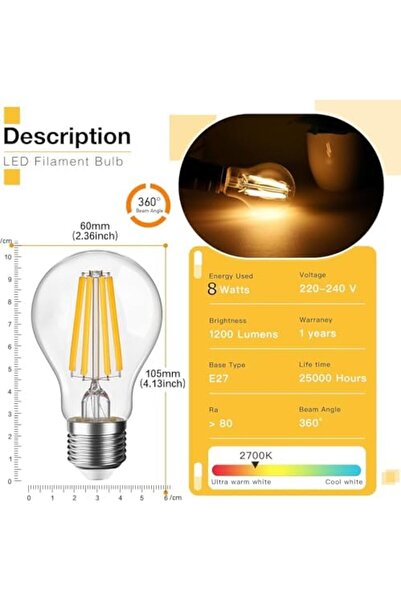 Generic 2 Pack E27 0-100% Smooth Dimmable LED Edison Bulbs, 2700K Warm White, 8W