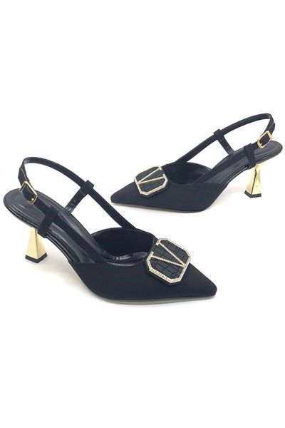 KOCAMANLAR Feles V Buckle Detailed Open Back Stiletto Women's Heeled Shoes Black