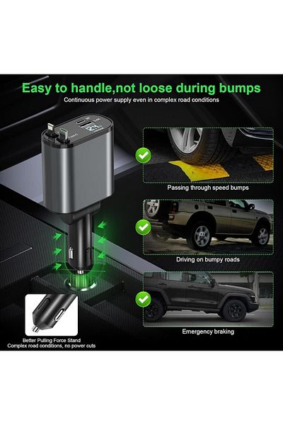 Generic Retractable 4-in-1 Car Charger 60W Fast Adapter with Type-C Cable, Dual USB, Voltage Display