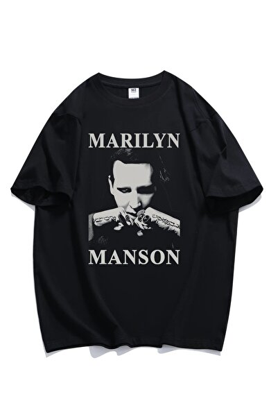 Fuddy Moda تي شيرت مطبوع عليه مارلين مانسون للجنسين، تي شيرت كبير الحجم بطابع...