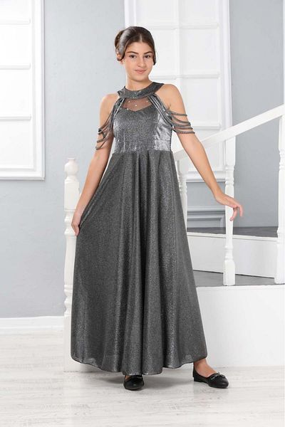 fmnbutik Girl's Tulle Star Embroidery Low Strap Detail Silvery Long Special Occasion Stylish Evening Dress