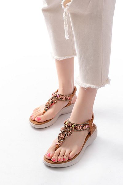 Aymood Dm-609 Tan Stone Back Elastic Flip Flops Women's Sandals