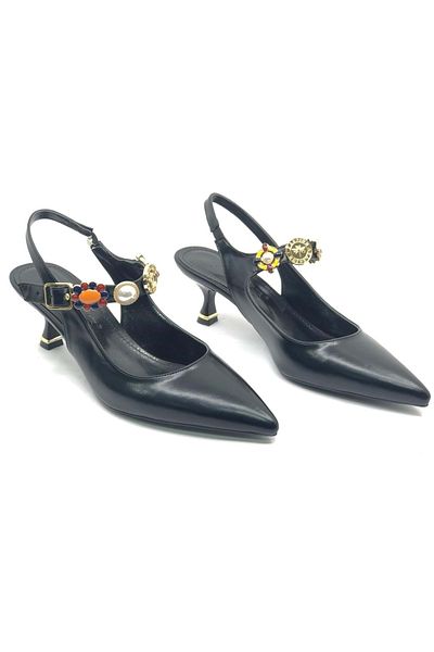KOCAMANLAR Feles Pearl Buckle Detailed Open Back Stiletto Women's Heeled Shoes Black