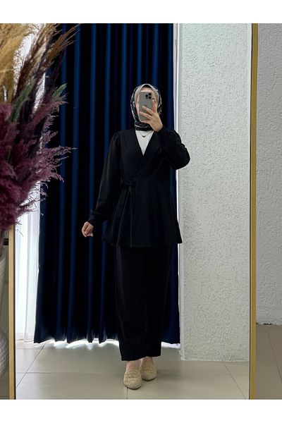 MİHRA STORE Sormora Girdle Detailed Jacket and Trousers Suit-As471 Black
