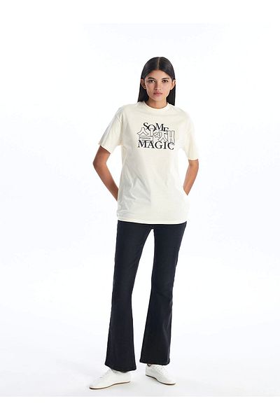 LC Waikiki Tricou cu mânecă scurtă pentru femei LCW Modest Ecru Crew Neck