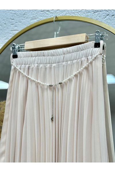 MİHRA STORE Triyla Six Flounces Pearl Pendant Pleated Chiffon Skirt-Gn140 Stone