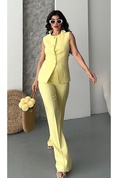 pembekurdelem Women's Design Buttoned Vest Trousers Suit Yellow