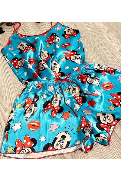 Intisimo Women's Pajamas, Satin, 2 Pieces, Mickey Mouse, Turquoise Blue