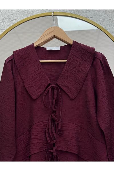 MİHRA STORE Tirisa Shabby Collar Front Tie-Up Tunik-As5861 Burgundy