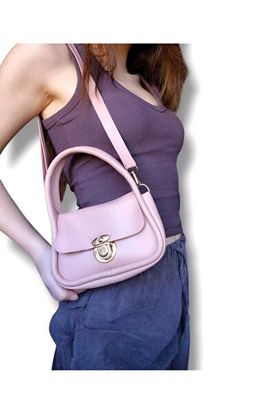 EZZY BLİSS Women's Lock Detailed Soft Hand Shoulder and Strap Bag -Pudra