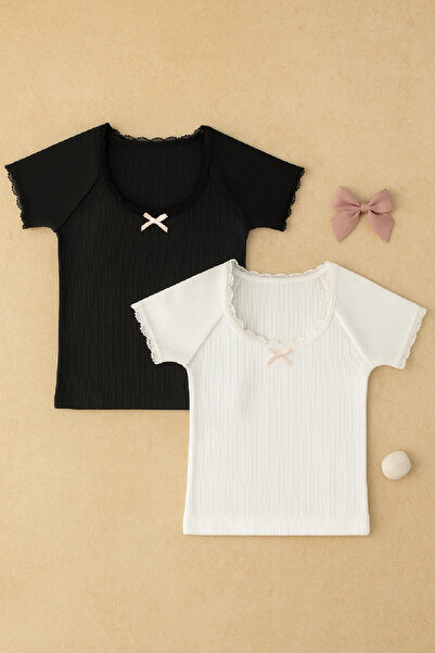 Imoda Kadın 2'li Paket Göğsü ve Kolları Dantelli Fiyonklu Kısa Kol Crop Top Bluz