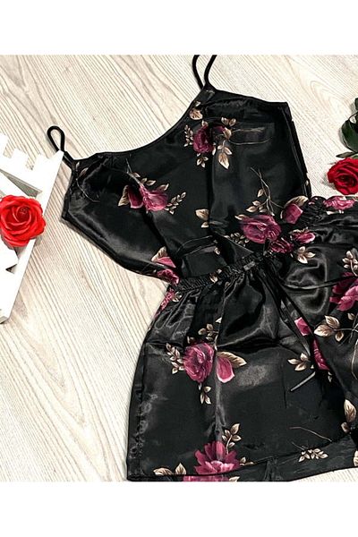 Intisimo Women's Pajamas, Satin, 2 Pieces, Roses, Black