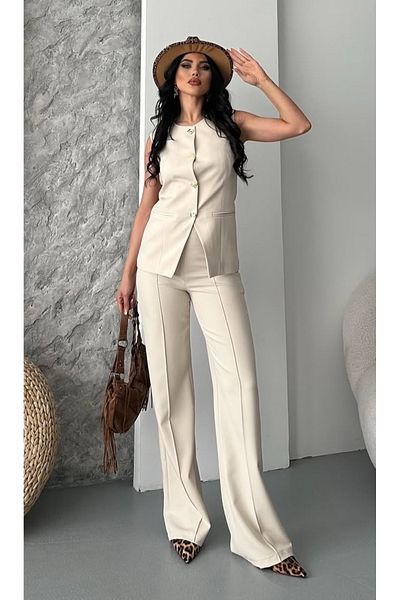 pembekurdelem Women's Design Buttoned Vest Trousers Suit Stone