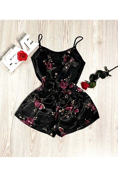 Intisimo Women's Pajamas, Satin, 2 Pieces, Roses, Black