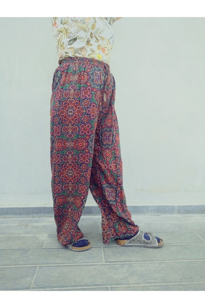 hoaryage Ethnic Patterned 100% Cotton Viscose Pants with Elastic Waist