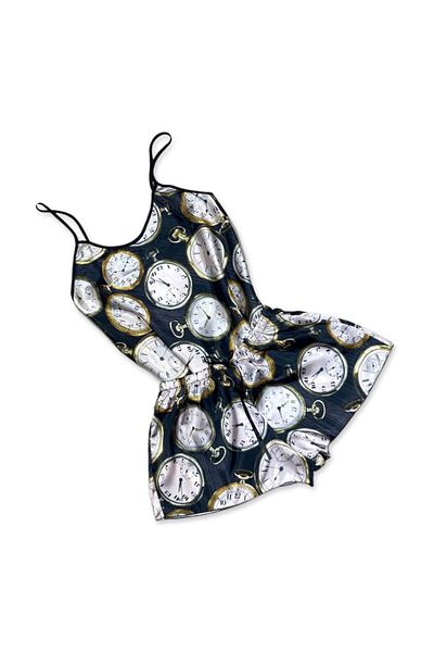 Intisimo Women's Pajamas, Satin, 2 Pieces, Clock, Black