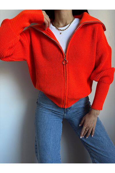Nopen Knitwear Orange Turn-Down Collar Zippered Knitwear Cardigan