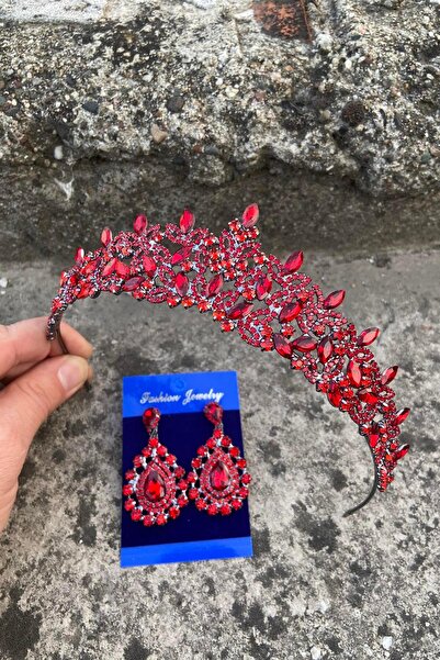 Hobigram Clara Red Bridal Henna Crown Special Occasion Accessory Women's Crown and Drop Shuttle Earrings Set
