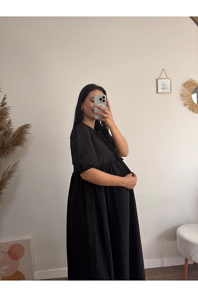 DUSOHOME Rochie maxi neagră din țesătură parașută cu dantelă în față Rochie oversize