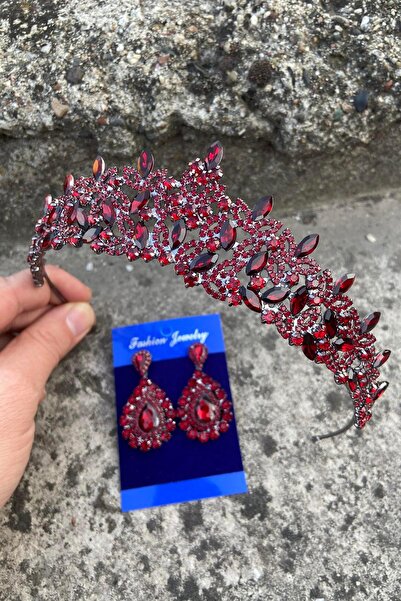 Hobigram Clara Burgundy Bridal Henna Crown Special Occasion Accessory Women's Crown and Drop Shuttle Earring Set